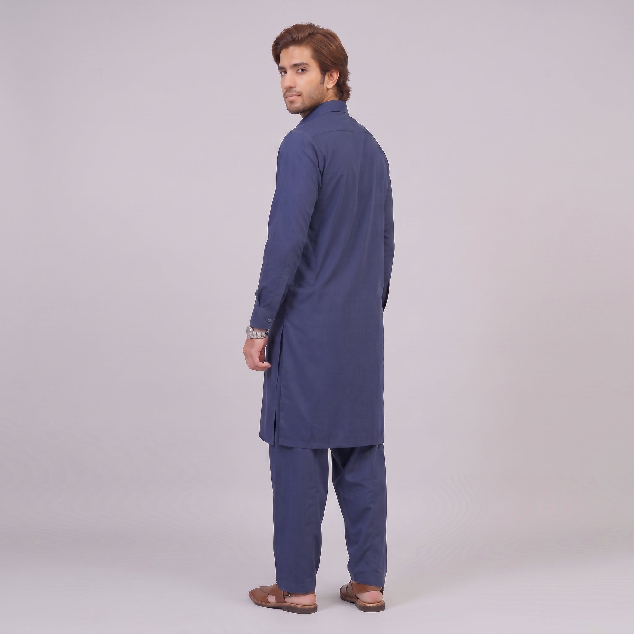 Wash & Wear Stitched Shalwar Kameez - Navy Blue seated