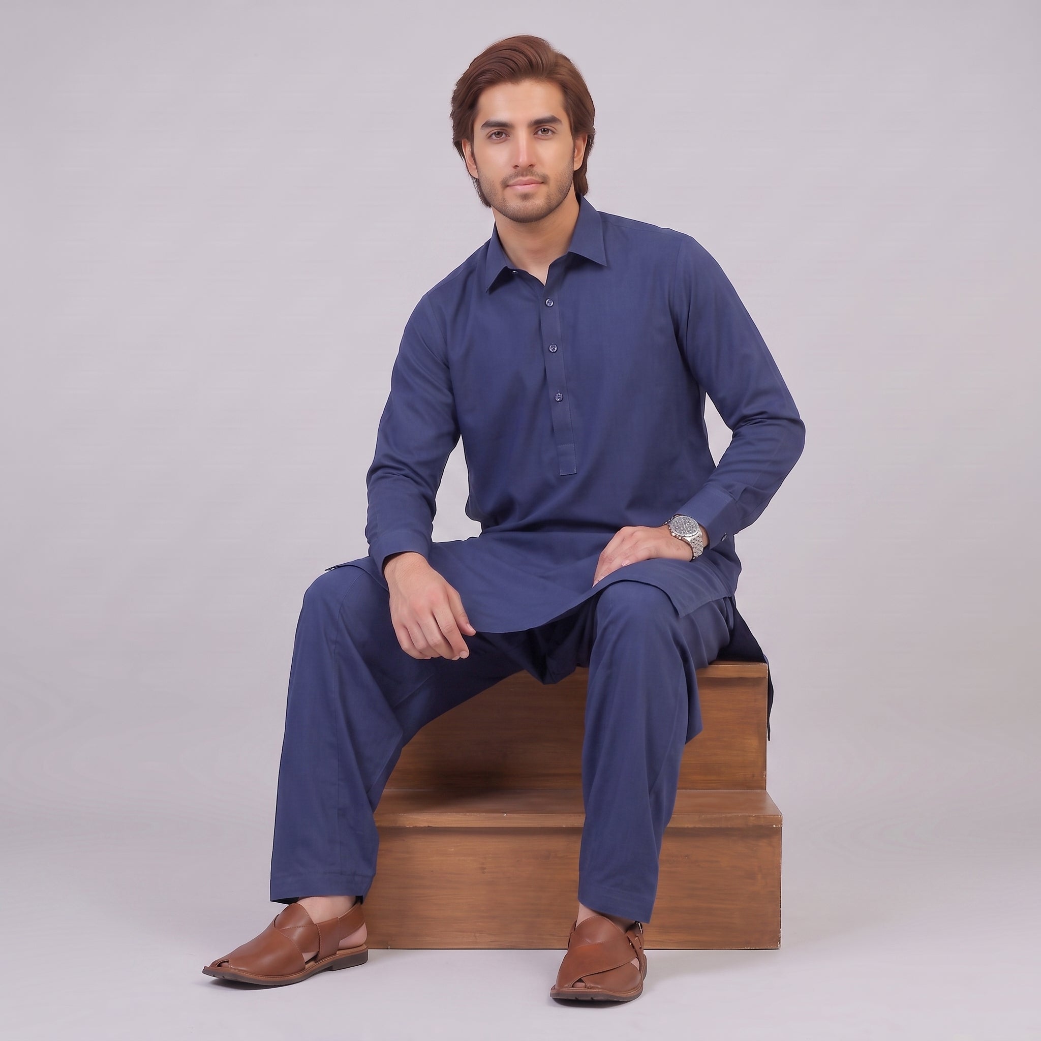 Wash & Wear Stitched Shalwar Kameez - Navy Blue seated